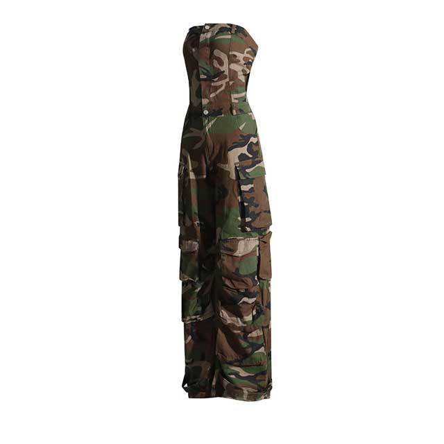 Camo Print Strapless Cargo Jumpsuit