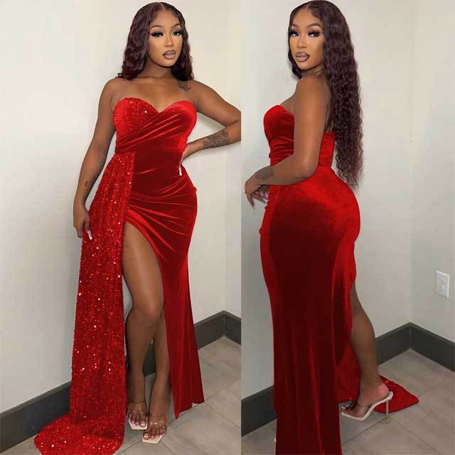 Strapless Velvet Sequin Swing Maxi Dress