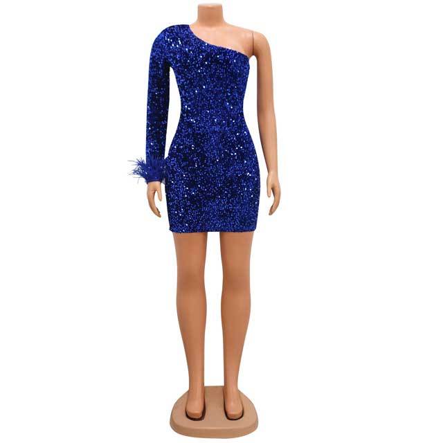 Feather Sequin Single Sleeve Dress