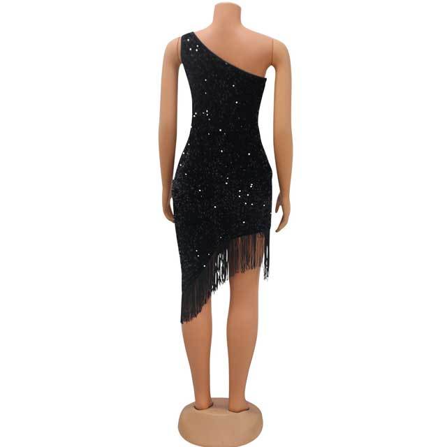 Single Shoulder Sequin Tassel Dress