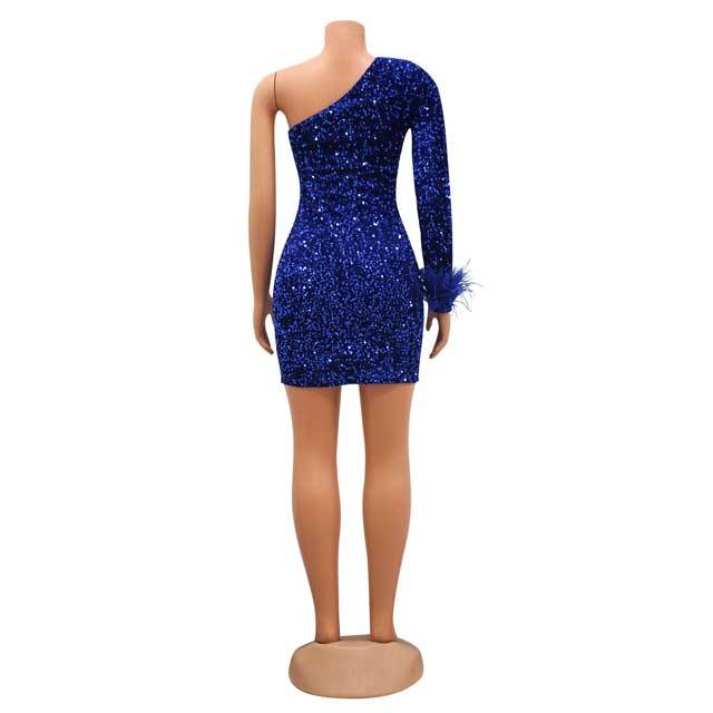 Feather Sequin Single Sleeve Dress