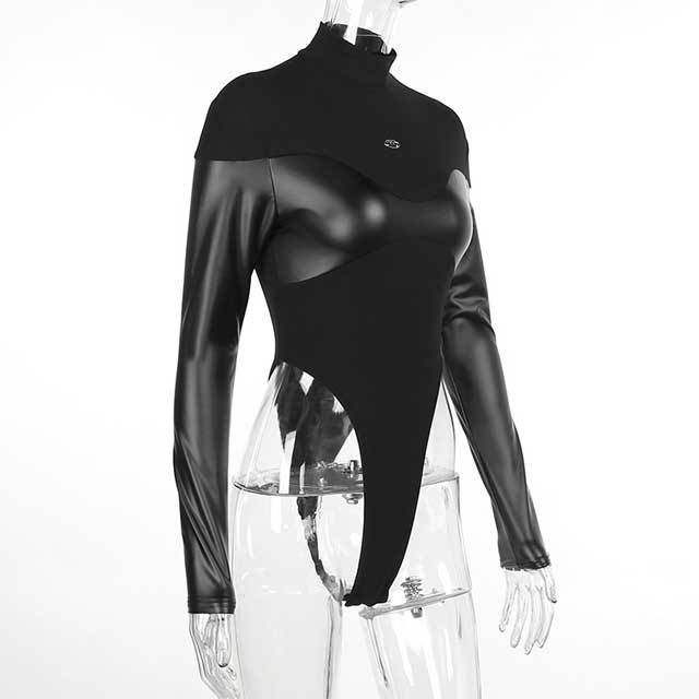 Leather Spliced High Neck Bodysuit