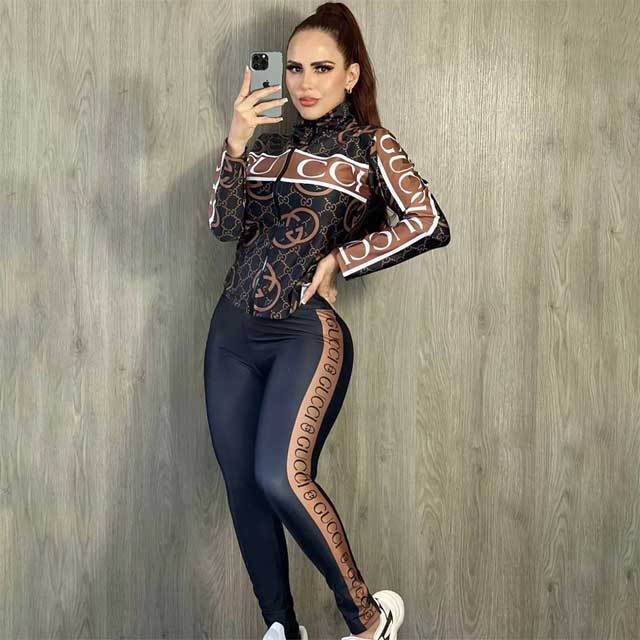 Printed Long Sleeve Zipper Top Jogging Pants Set