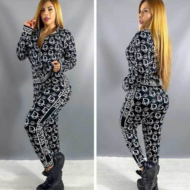 Printed Zipper Top Casual Jogging Suit