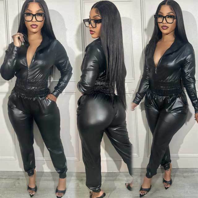Leather Zipper Jacket Top Pants Set