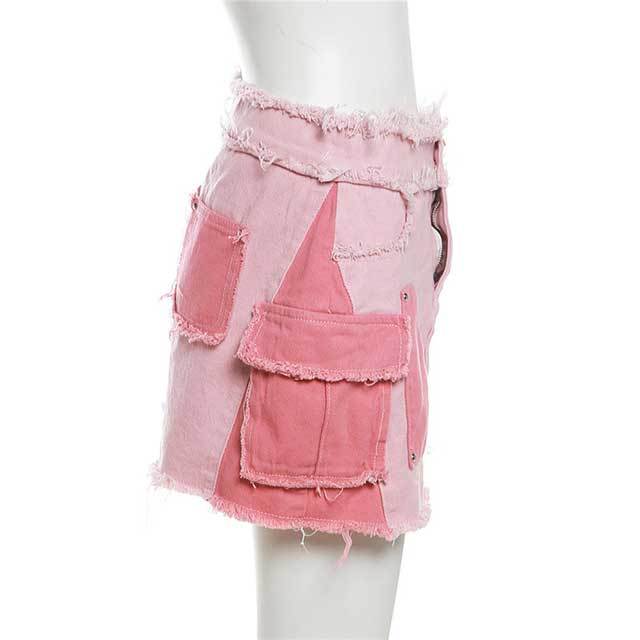 Color Block Denim Cargo Jacket Top Skirt Set