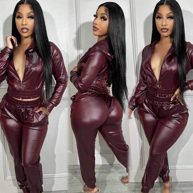 Leather Zipper Jacket Top Pants Set