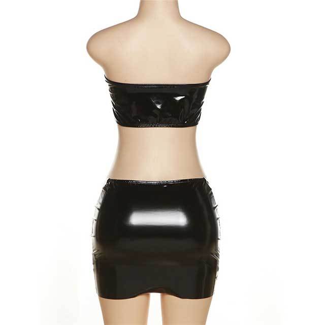 Shiny PU Leather Tube Top Mini Skirt Set