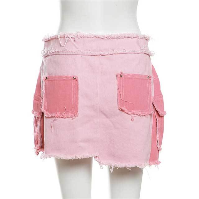 Color Block Denim Cargo Jacket Top Skirt Set