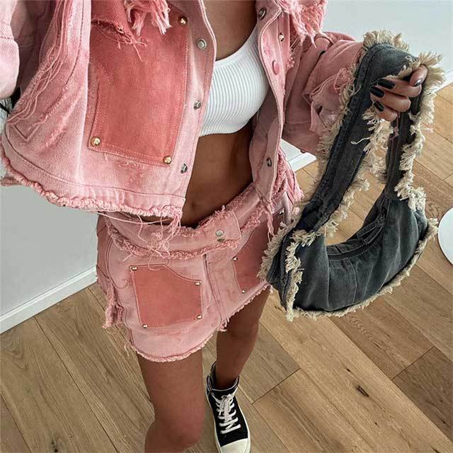 Color Block Denim Cargo Jacket Top Skirt Set