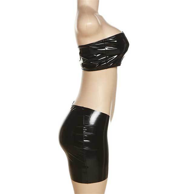Shiny PU Leather Tube Top Mini Skirt Set