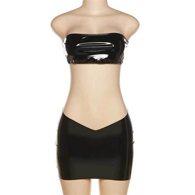 Shiny PU Leather Tube Top Mini Skirt Set