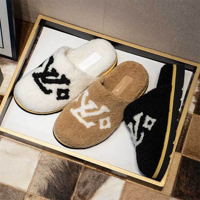 Brand Letters Furry Flat Slides Slippers