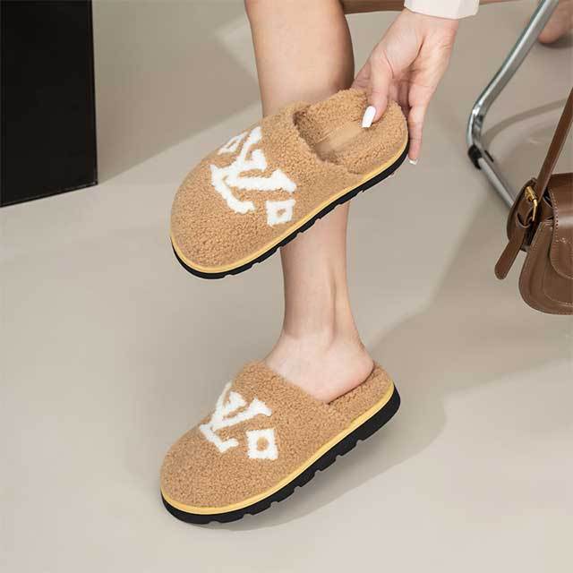 Brand Letters Furry Flat Slides Slippers