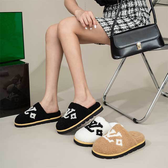 Brand Letters Furry Flat Slides Slippers