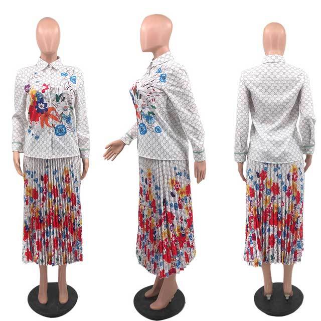 Printed Shirt Top Pleated Skirt Set