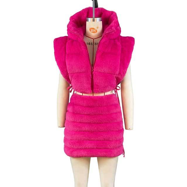 Faux Fur Puffer Coat Skirt Set
