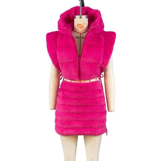 Faux Fur Puffer Coat Skirt Set