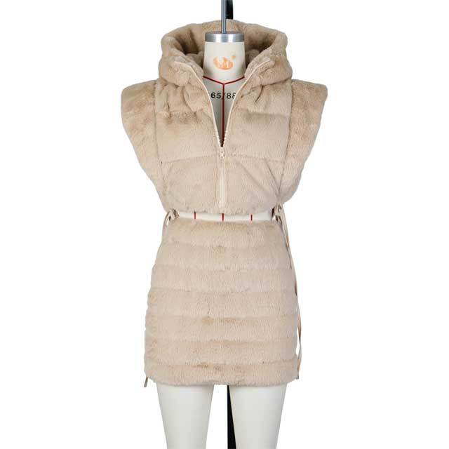 Faux Fur Puffer Coat Skirt Set