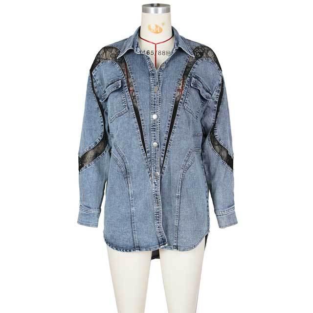 Lace Spliced Denim Shirt Jacket