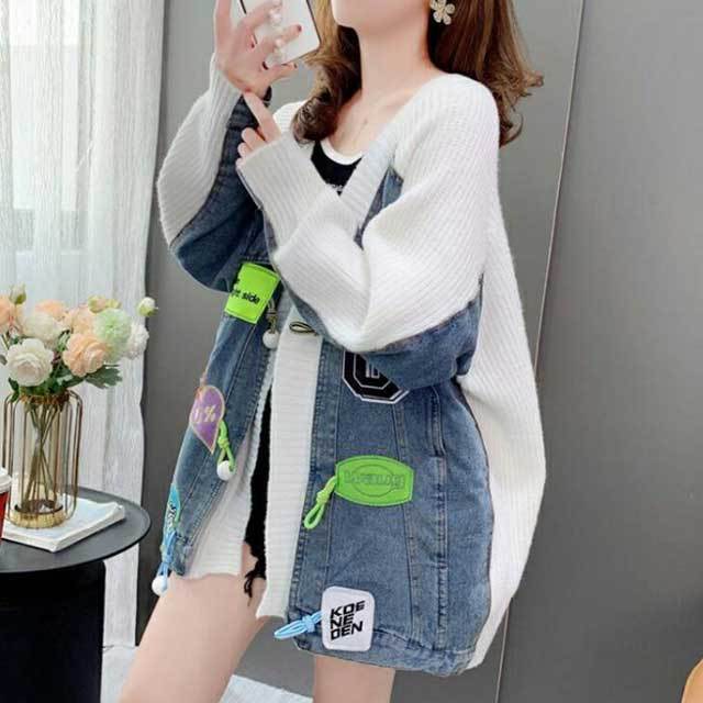 Denim Patchwork Sweater Cardigan Loose Lazy Style Knitted Jacket Top