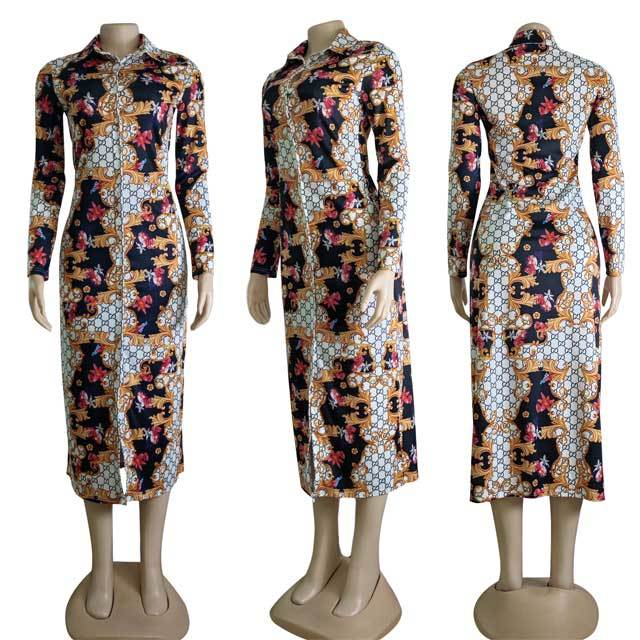 Printed Casual Long Sleeve Shirt Dress