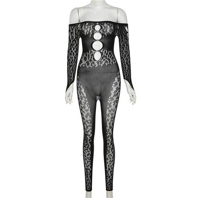 Long Sleeve Hollow Out See Through Tight Lingerie Jumpsuit