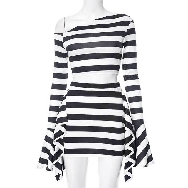 Striped Bell Sleeve Top Ruffle Skirt Set