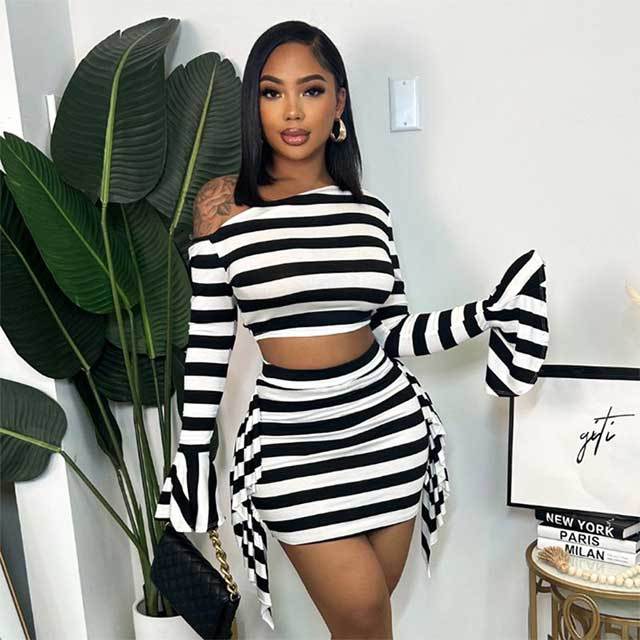 Striped Bell Sleeve Top Ruffle Skirt Set