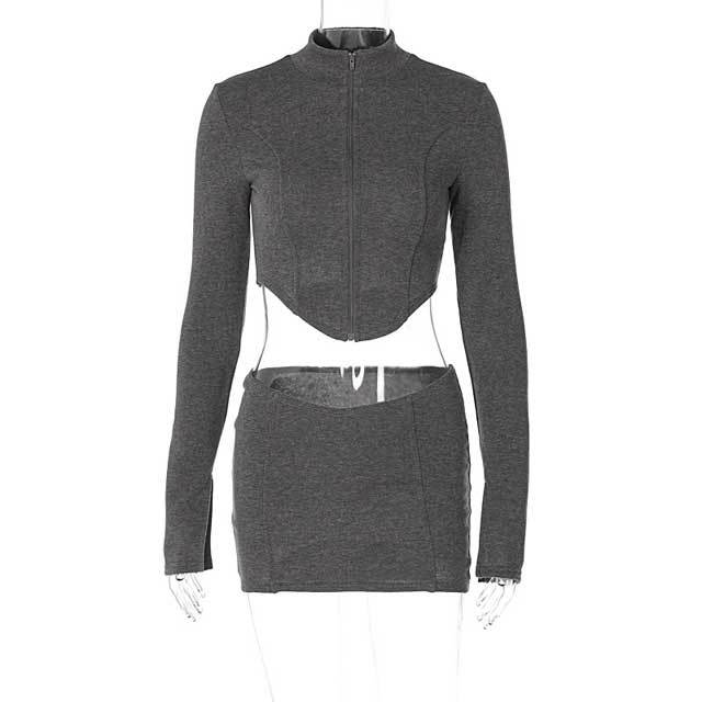 Zipper Long Sleeve Top Mini Skirt Set