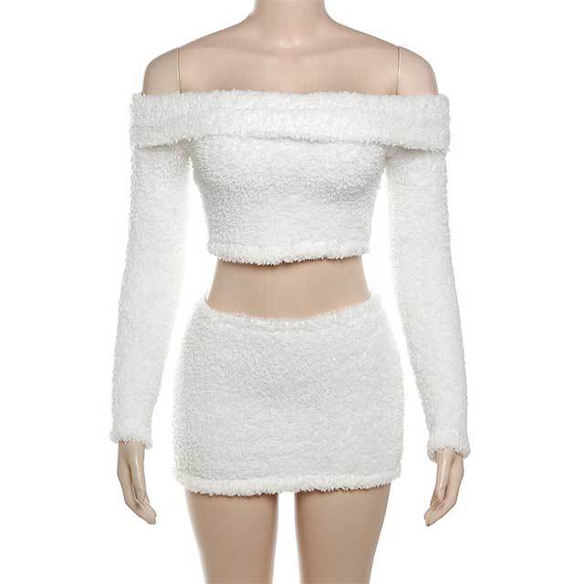 Fuzzy Off Shoulder Top Skirt Set