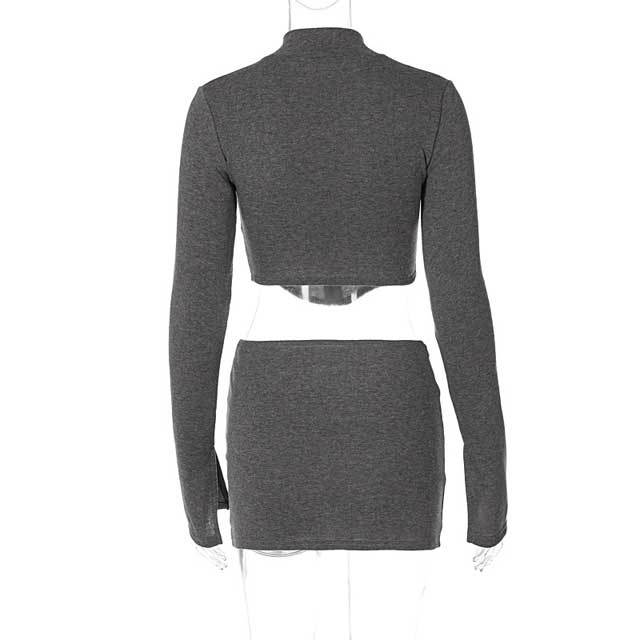 Zipper Long Sleeve Top Mini Skirt Set