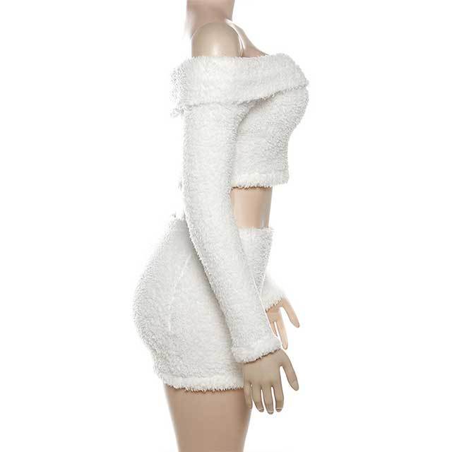 Fuzzy Off Shoulder Top Skirt Set