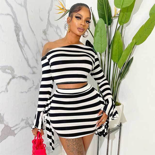 Striped Bell Sleeve Top Ruffle Skirt Set