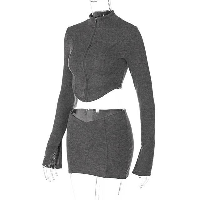 Zipper Long Sleeve Top Mini Skirt Set