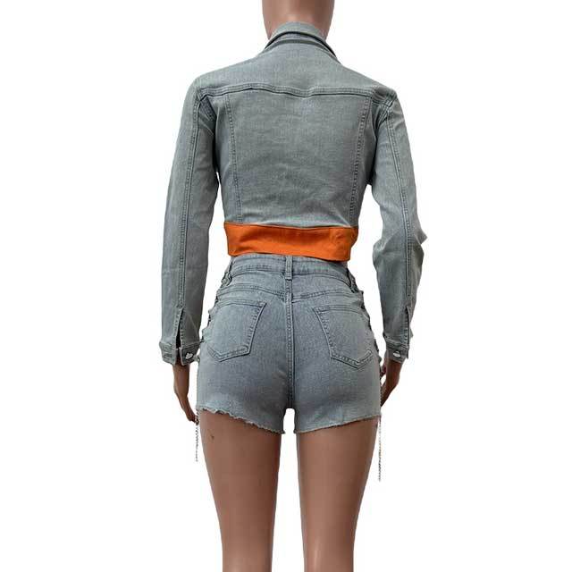 Denim Jacket Top Chain Hollow Out Short Set