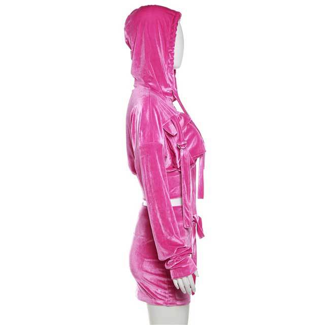Velvet Hooded Top Skirt Set