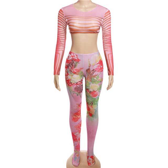 Printed Mesh Top Legging Set