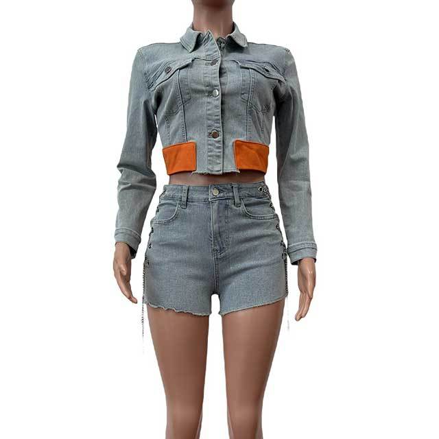 Denim Jacket Top Chain Hollow Out Short Set