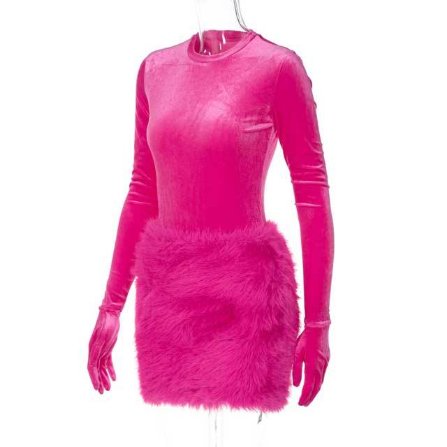 Velvet Gloves Bodysuit Fuzzy Skirt Set