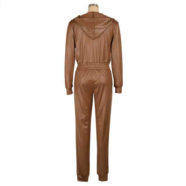 Leather Zipper Jacket Top Pants Set