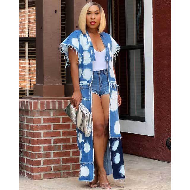 Chained Hollow Out Denim Cape Coat