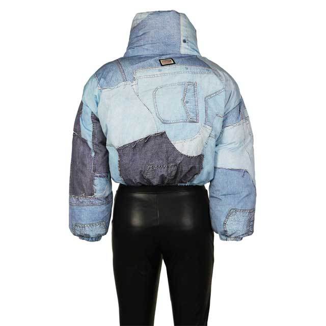 Denim Print High Neck Puffer Coat