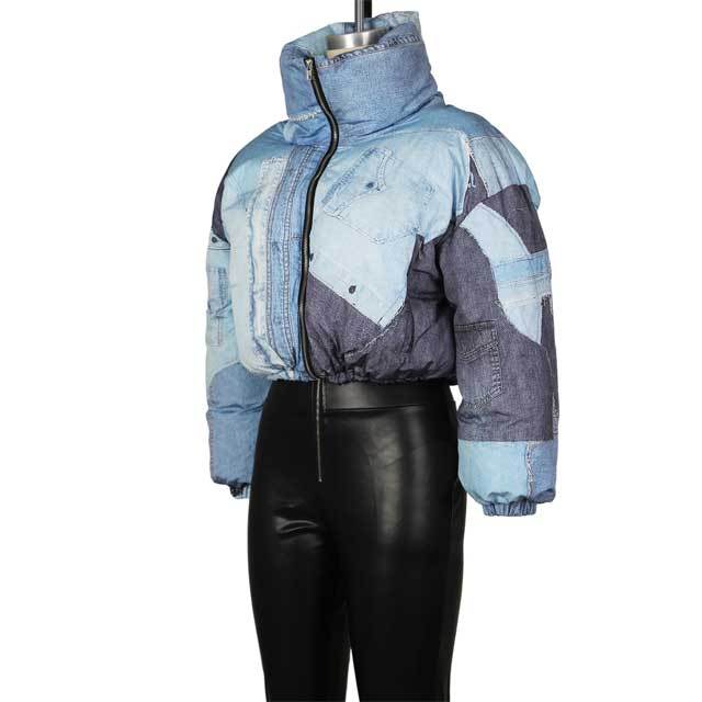 Denim Print High Neck Puffer Coat