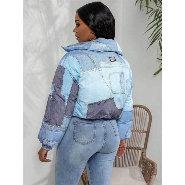 Denim Print High Neck Puffer Coat
