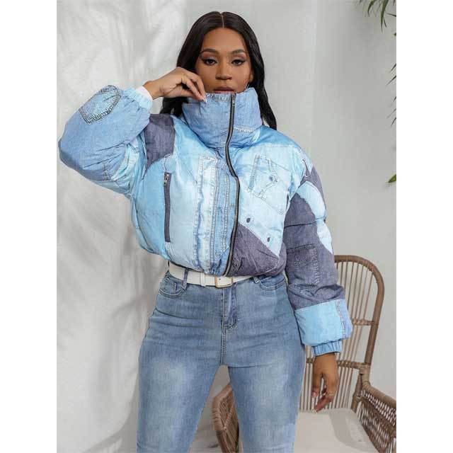 Denim Print High Neck Puffer Coat