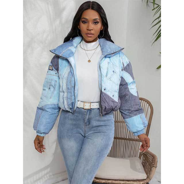 Denim Print High Neck Puffer Coat