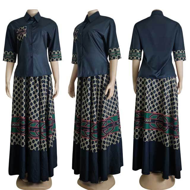 Printed Shirt Top Maxi Skirt Set