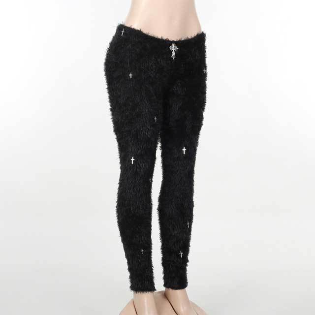 Cross Embellished Fuzzy Pants