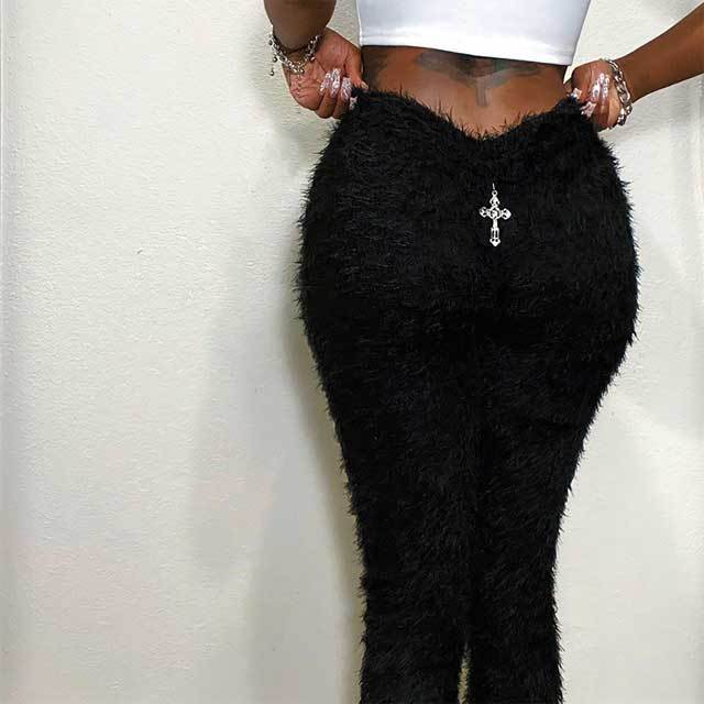 Cross Embellished Fuzzy Pants